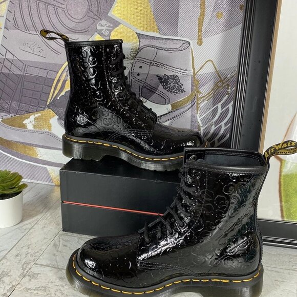 Dr. Martens 1460 Boots Black Patent Leather Lamper Leopard Embossed Women Size 5 - Picture 3 of 9